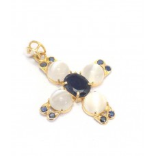 Pendant Moonstone Blue Sapphire 18kt Gold Yellow Natural Stone Vintage Gift D238